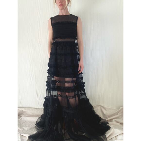 WHOLE 9 YARDS Black Tulle Ruffled Sheer Maxi Formal Gown SMALL - Picture 7 of 12